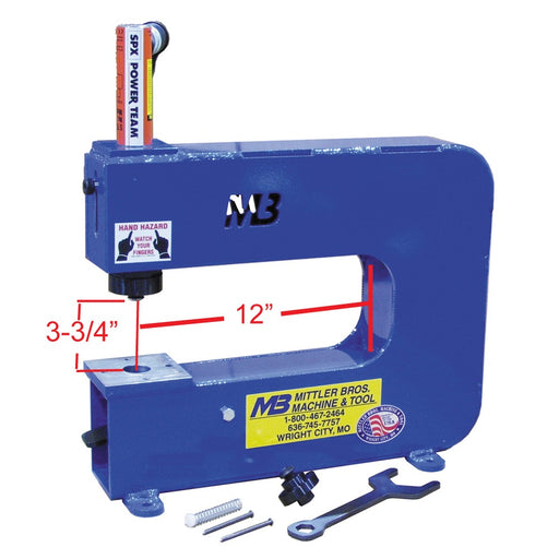Mittler Bros. 2200-H 5 Ton Hydraulic Bench Press - Throat Dimensions and Included Tooling